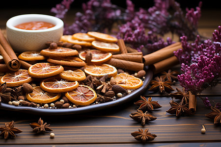 托盘里的橙片和香料背景图片