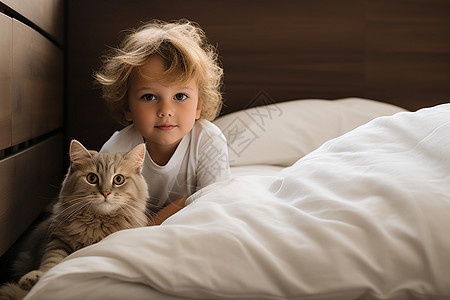 猫咪在玩耍宝宝和猫咪在床上玩耍背景