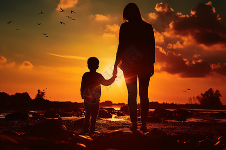 夕阳下母子牵着手走在沙滩上背景图片