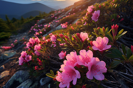 夕阳下的粉色花海图片