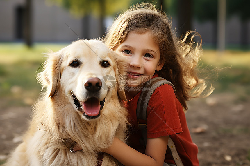 小女孩拥抱毛茸茸的狗图片