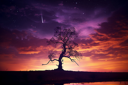 夜晚大树紫色夜空下的流星背景