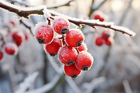 冰雪世界里的红果背景图片