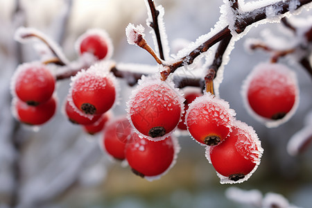 冰雪世界中的美丽红果高清图片