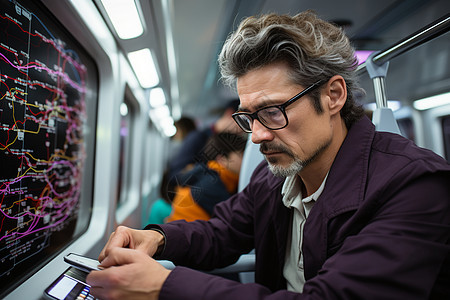地铁上的中年男子看手机图片