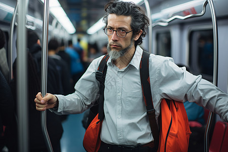 地铁上的中年男子背着双肩背包图片