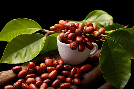 叶子旁的咖啡豆背景图片