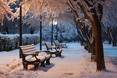 冬夜街灯下的长椅图片