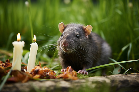 蜡烛前的小老鼠图片