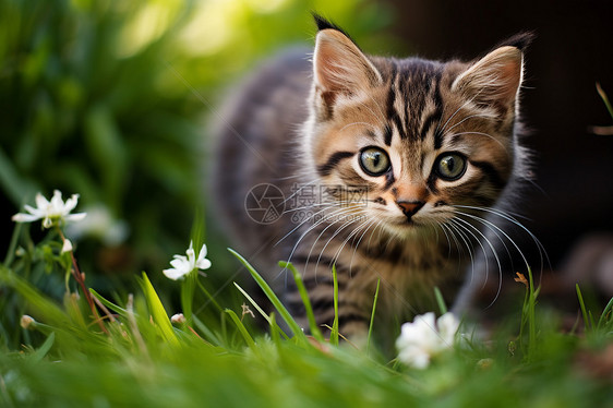 小猫漫步花草丛中图片