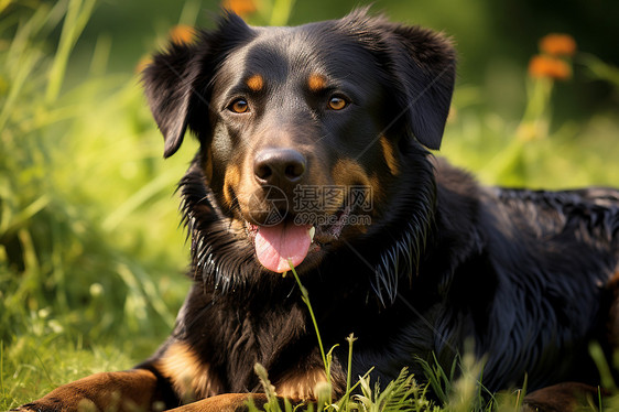 草坪上的黑色牧羊犬图片