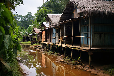 村庄小屋下的积水高清图片