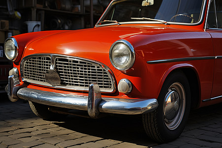 街道上复古的红色汽车背景图片