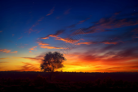 夕阳余晖下的田野之树背景图片