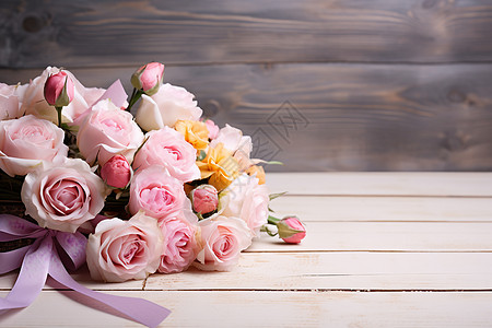 木桌上的玫瑰花图片