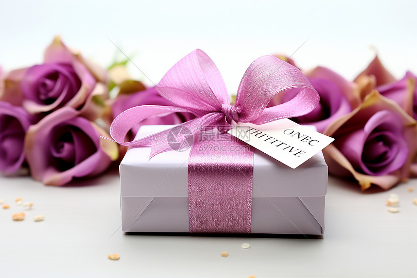 礼盒上的紫色丝带和花朵图片