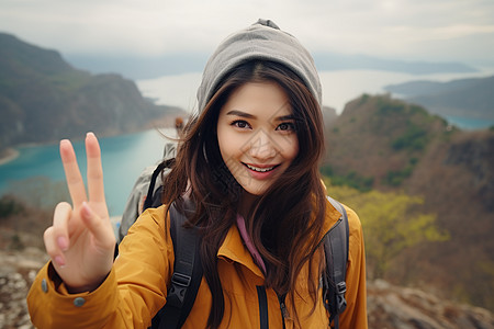 登上山顶的女子图片