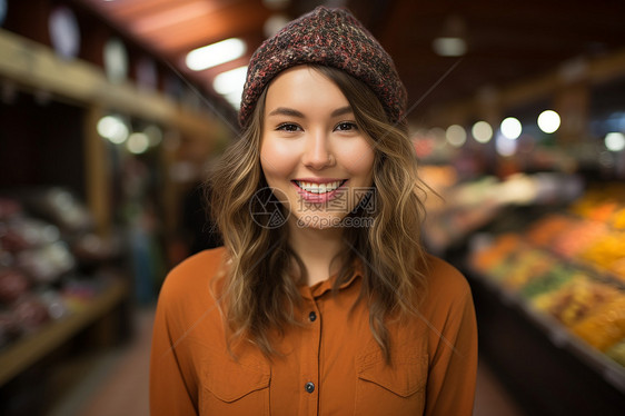 超市中开心的女子图片