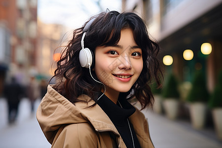 街头戴耳机的女子背景图片