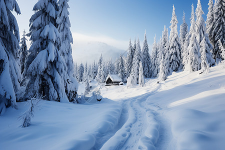 大雪覆盖的山林景观图片