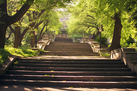 绿植物公园绿树下的台阶背景