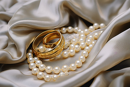 珍珠戒指丝绸上的珠宝首饰背景