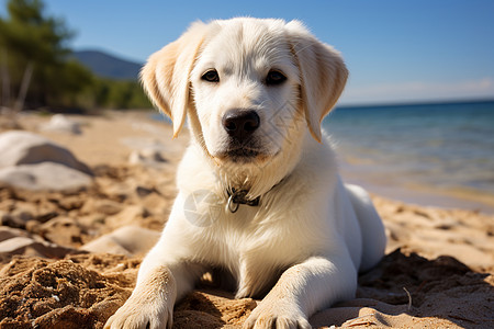 夏日沙滩上的白色金毛狗图片