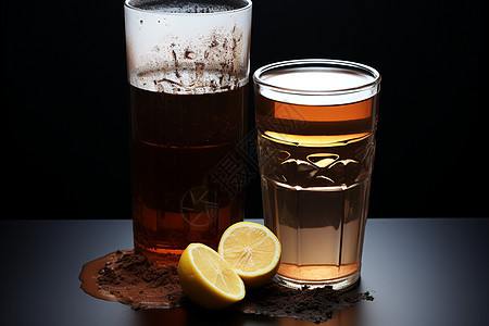 玻璃杯里的柠檬红茶图片