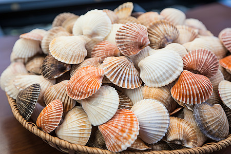 海滩上一篮子海贝壳高清图片