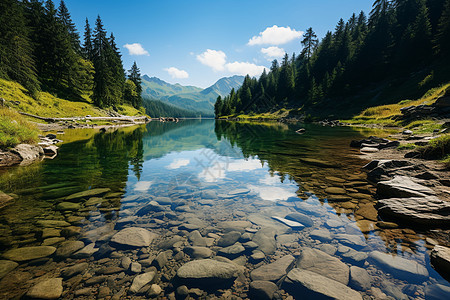 山脚下的湖泊和森林背景图片