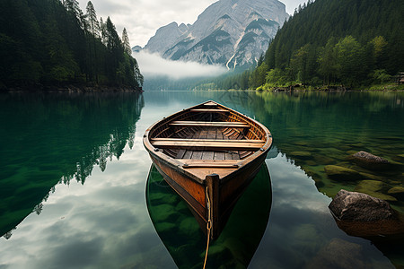 山脉与湖中的小船背景图片
