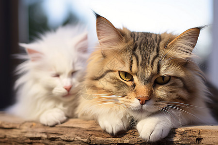两只猫咪坐在木桩上图片