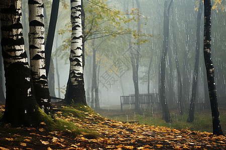 秋森林秋雨中的黄金森林背景