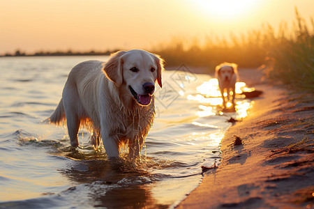 沙滩上的金毛犬图片