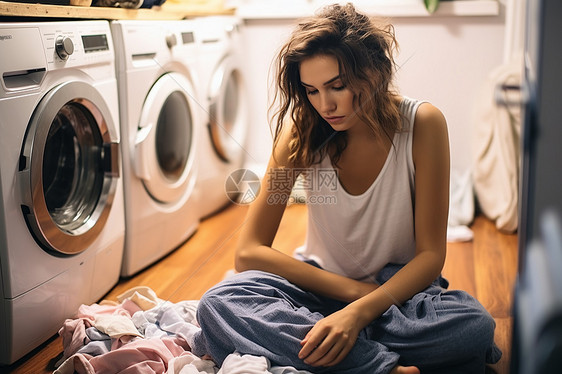 洗衣房中劳累的家庭主妇图片
