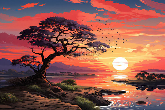 手绘艺术的夕阳山谷景观图片