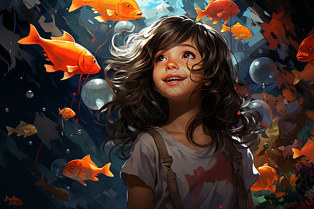 梦幻海底世界中的小女孩背景图片