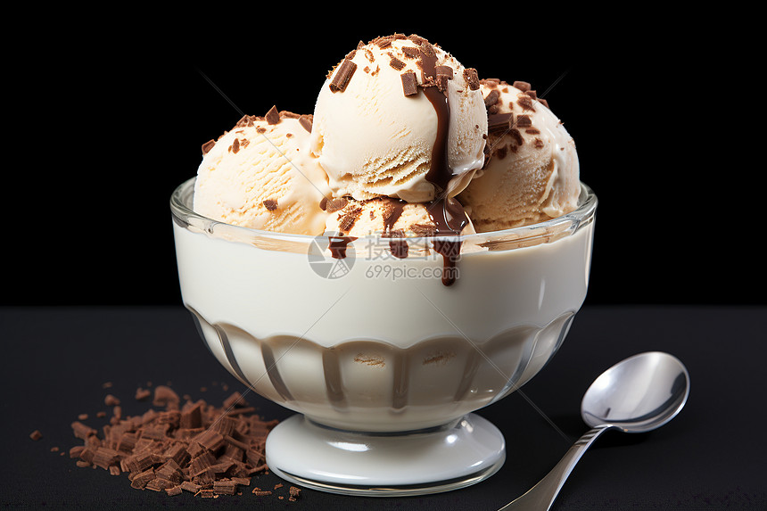 玻璃碗中的巧克力香草冰淇淋图片