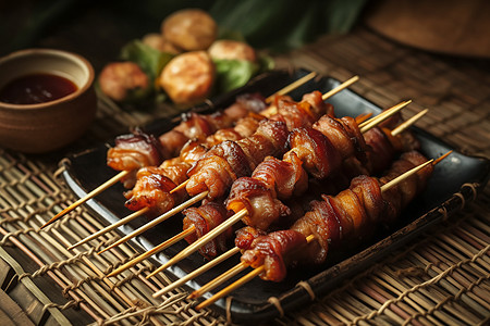 餐盘中的日式炭烤鸡肉串高清图片