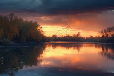 夕阳余晖下的丛林湖泊景观图片