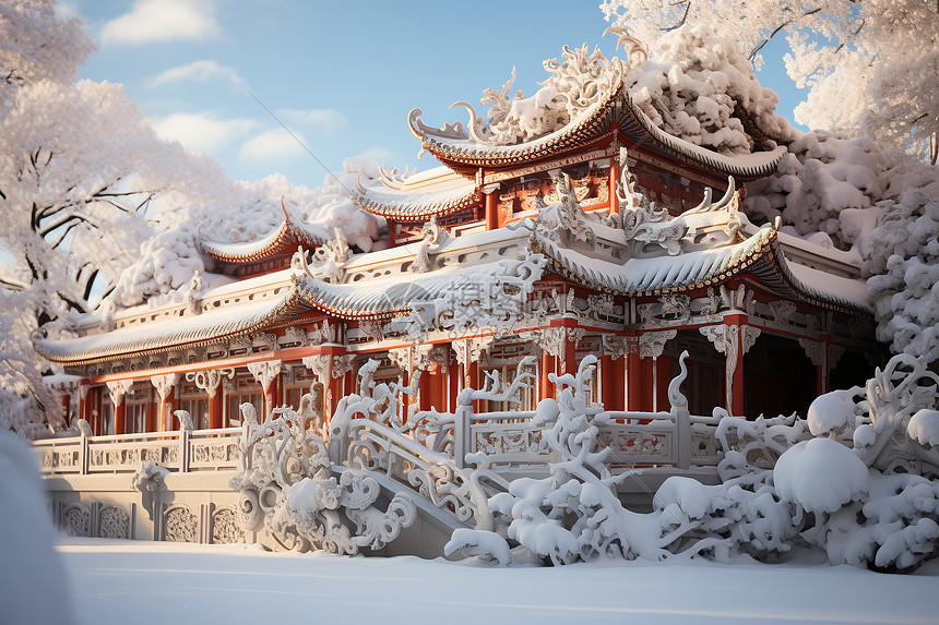 冬日雪中的中国古建筑图片
