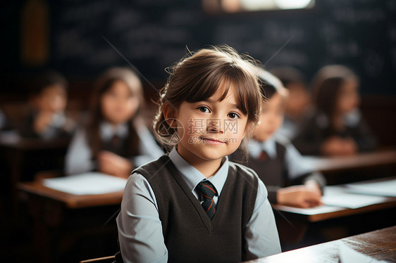 一名年轻女孩坐在教室图片