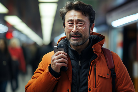 地铁站平台上的中年男子图片