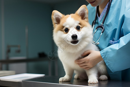 兽医检查小狗的身体背景图片
