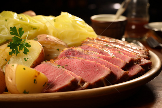 美味的午餐肉和土豆图片