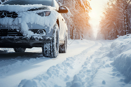 冬日林中的汽车图片