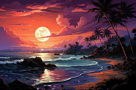 夕阳海滩丽景背景图片