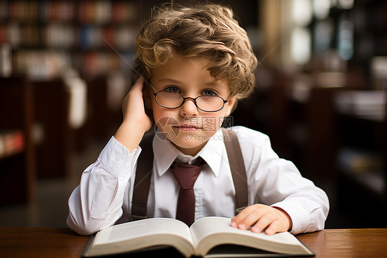 戴眼镜看书的孩子图片