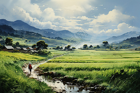 细雨蒙蒙的稻田背景图片