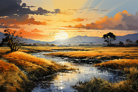 夕阳下的稻田图片